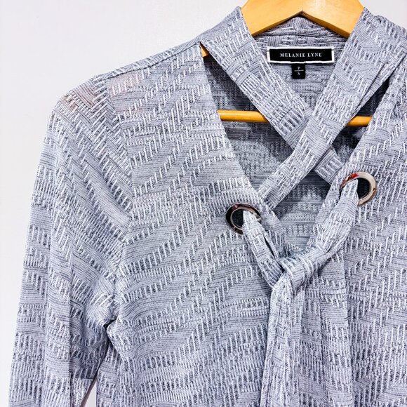 MELANIE LYNE Silver Metallic Tie-Front Top Shimmery Long Sleeve | Small * - Picture 2 of 8